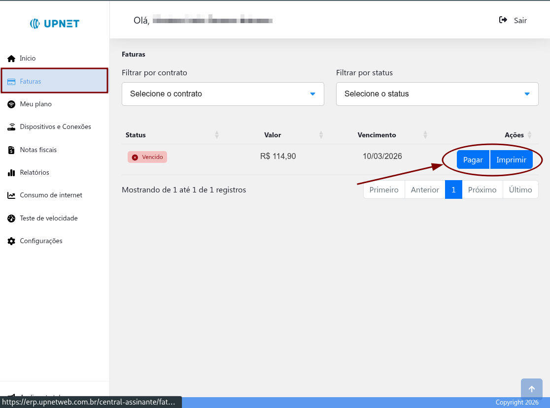Lista de faturas na Central do Assinante