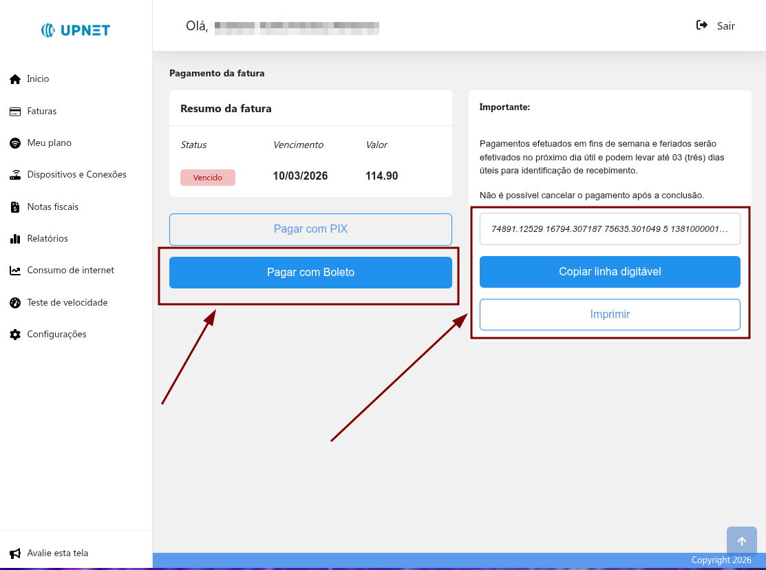 Tela de pagamento via Boleto com linha digitável