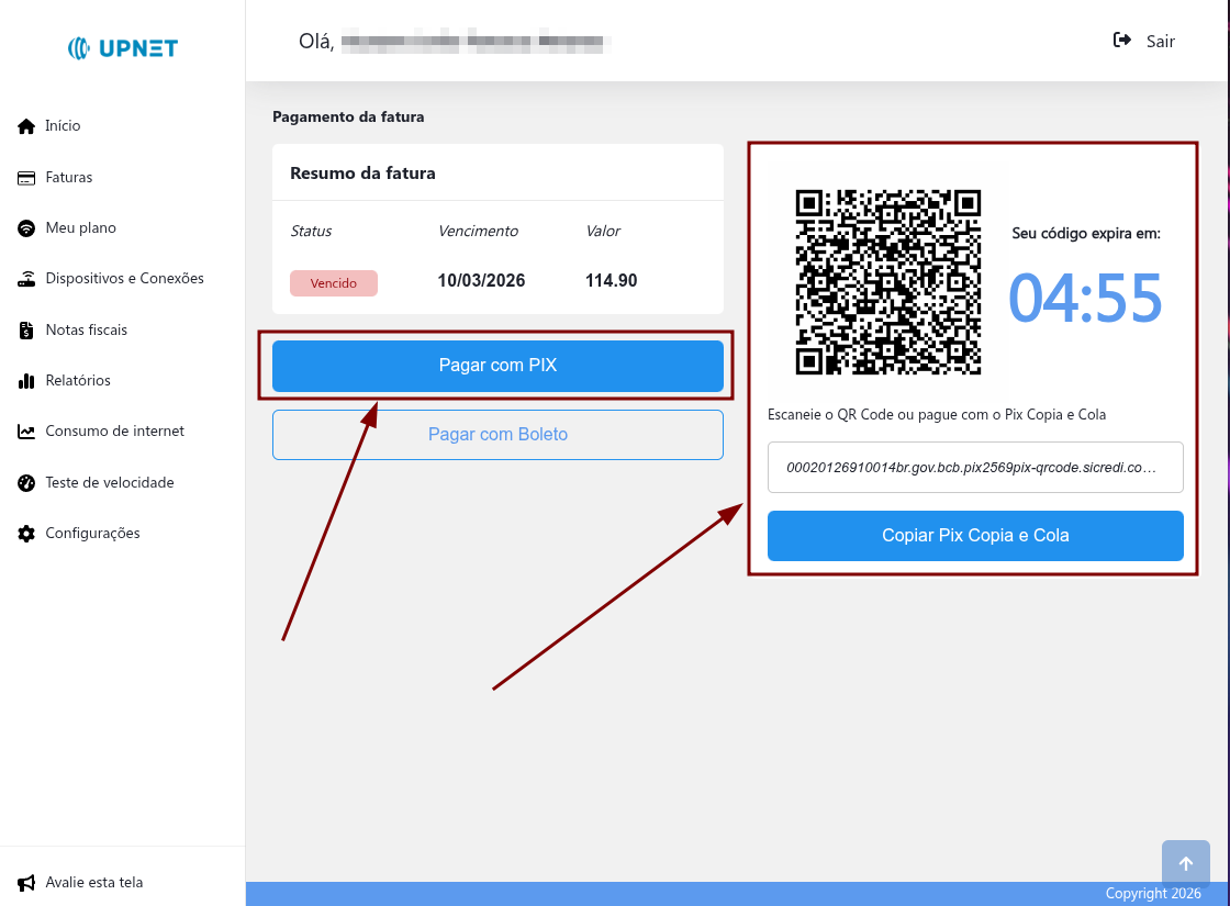 Tela de pagamento via PIX com QR Code