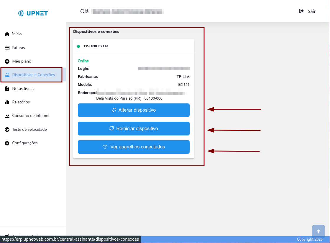 Tela de dispositivos e conexões