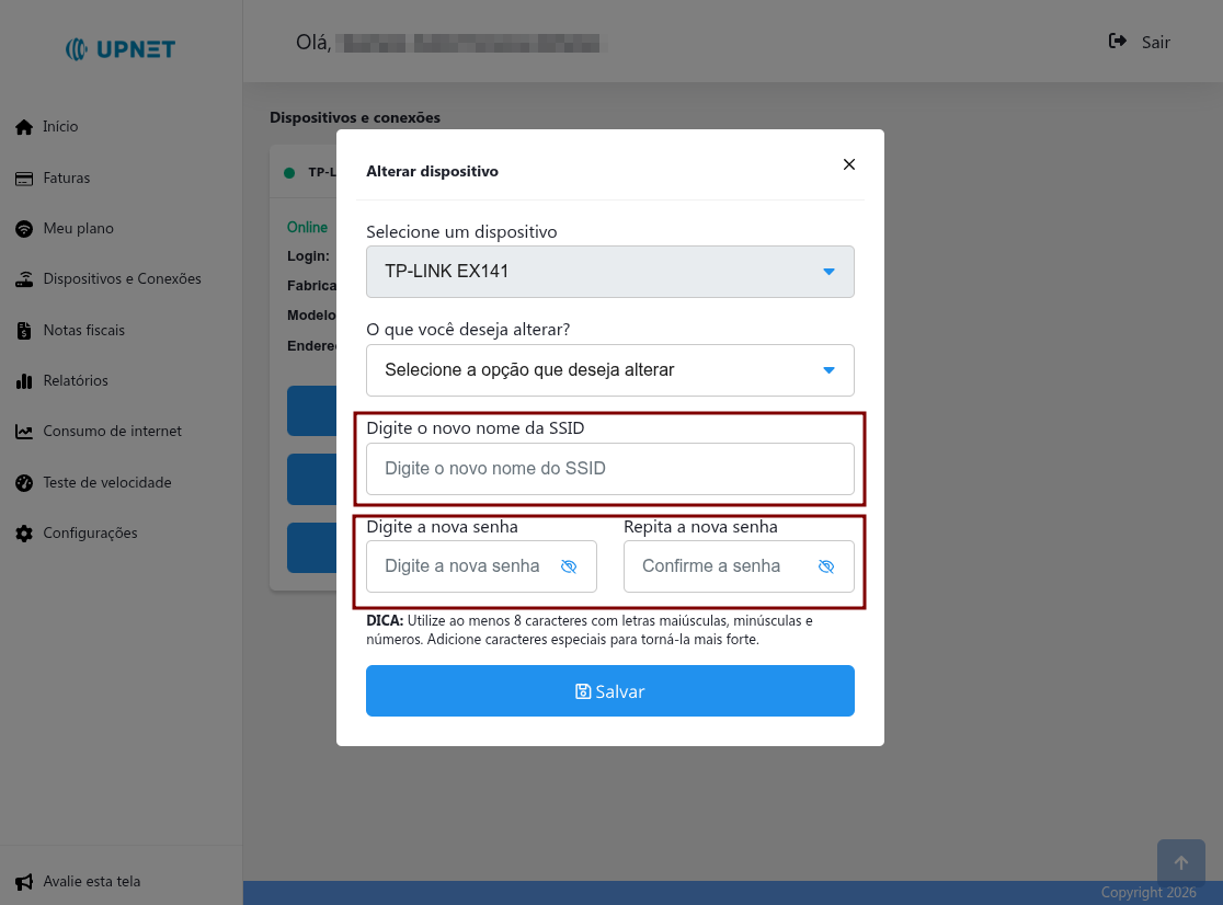Tela para alterar nome do Wi-Fi e senha