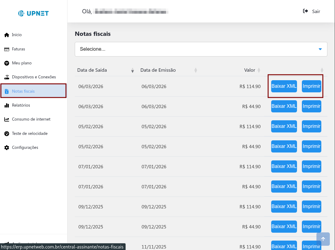 Lista de notas fiscais