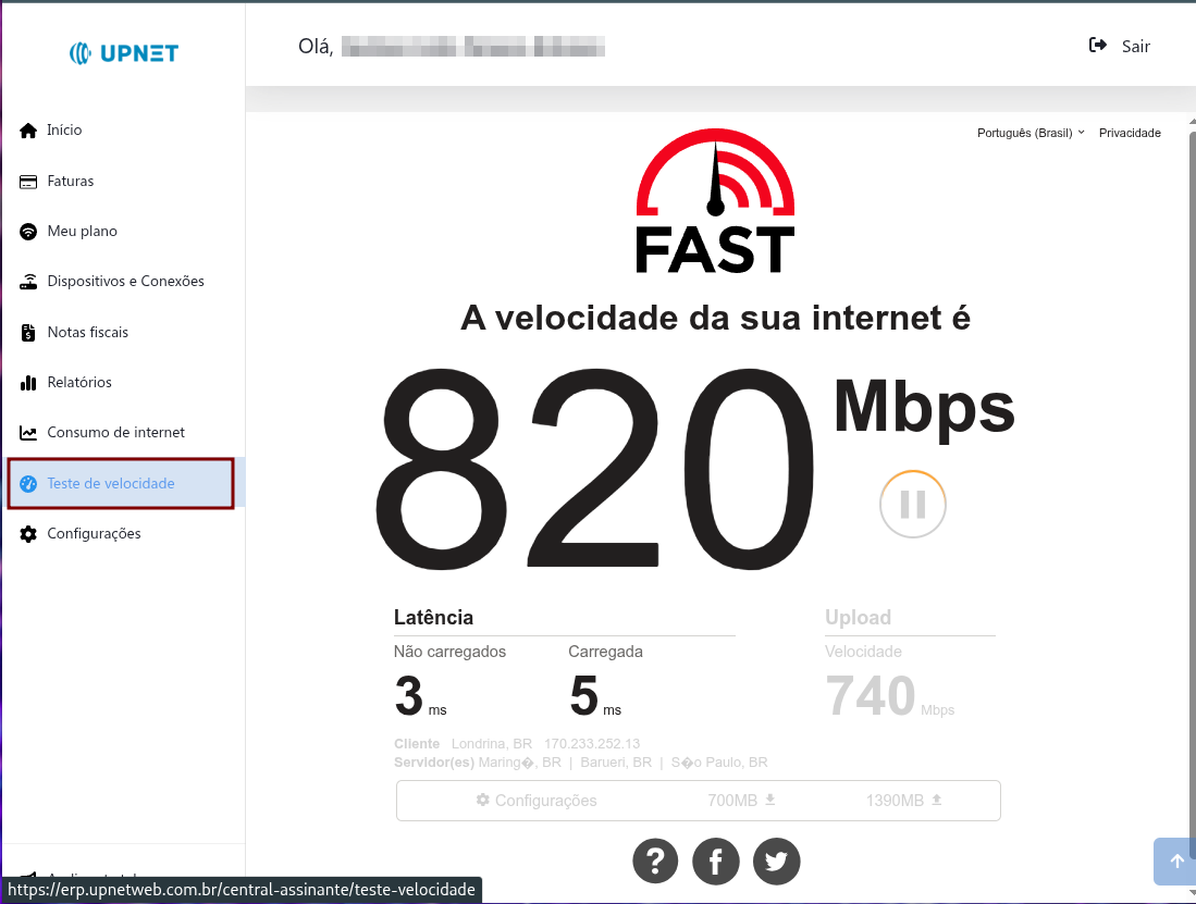 Teste de velocidade da internet