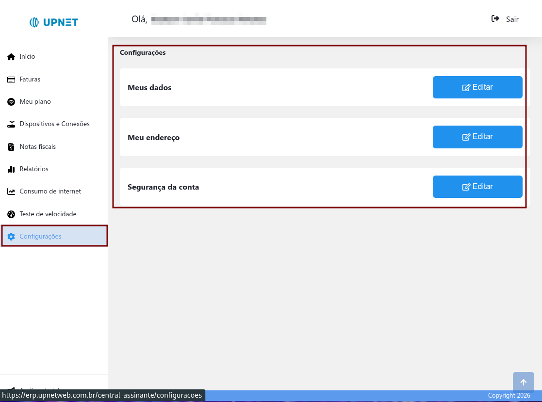 Tela de configurações da conta