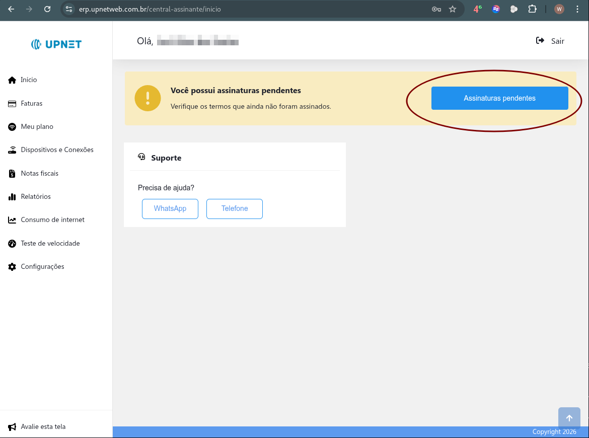 Aviso de assinaturas pendentes na pagina inicial
