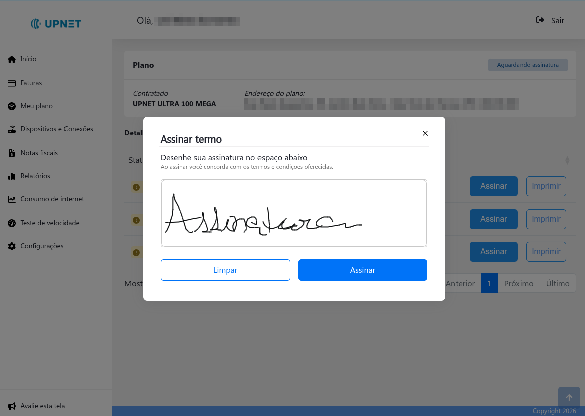 Janela para assinar o termo digitalmente