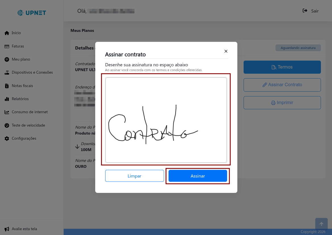 Janela para assinar o contrato digitalmente